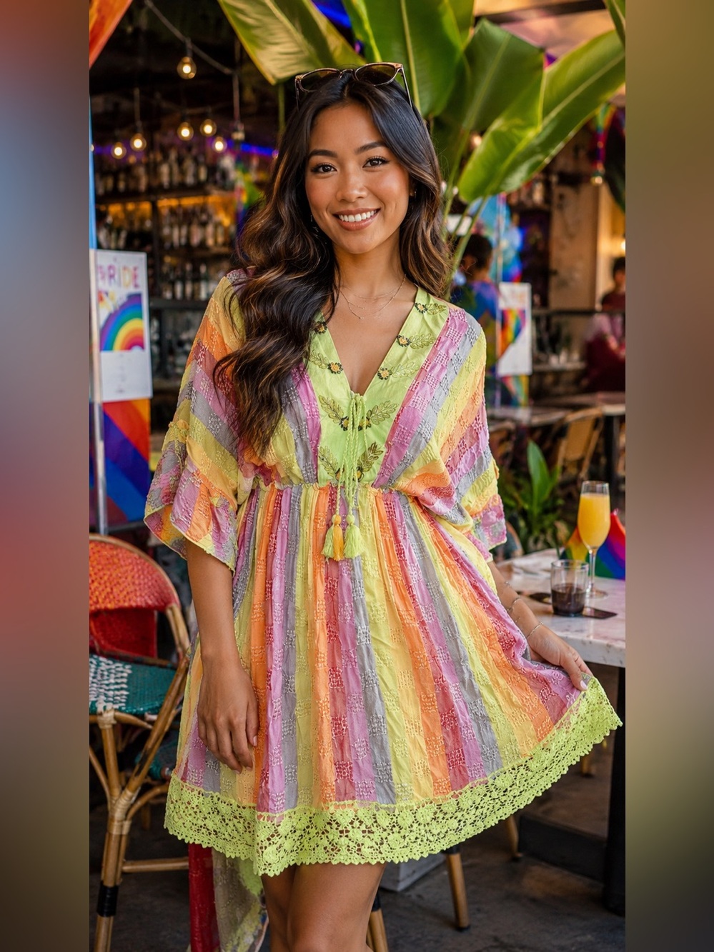 NWT Bright Multicolor Striped V-Neck Dress w/ Decorative Tassel & Sequin Accents